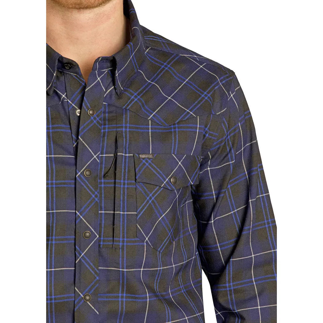 Rock & Roll Men's Tek Western Brushed Plaid Flannel Long Sleeve Shirt - Navy - Irvine Tack & Western Wear