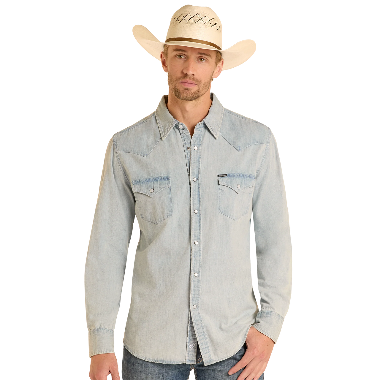 Rock & Roll Men's  Long Sleeve Light Denim Solid Snap Shirt- Denim