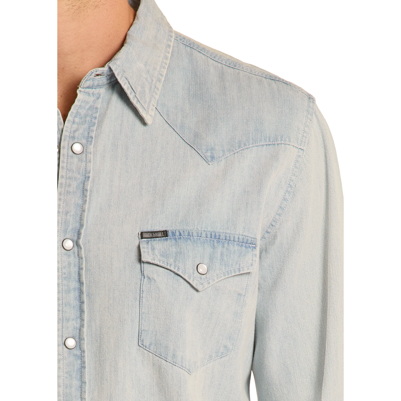 Rock & Roll Men's  Long Sleeve Light Denim Solid Snap Shirt- Denim
