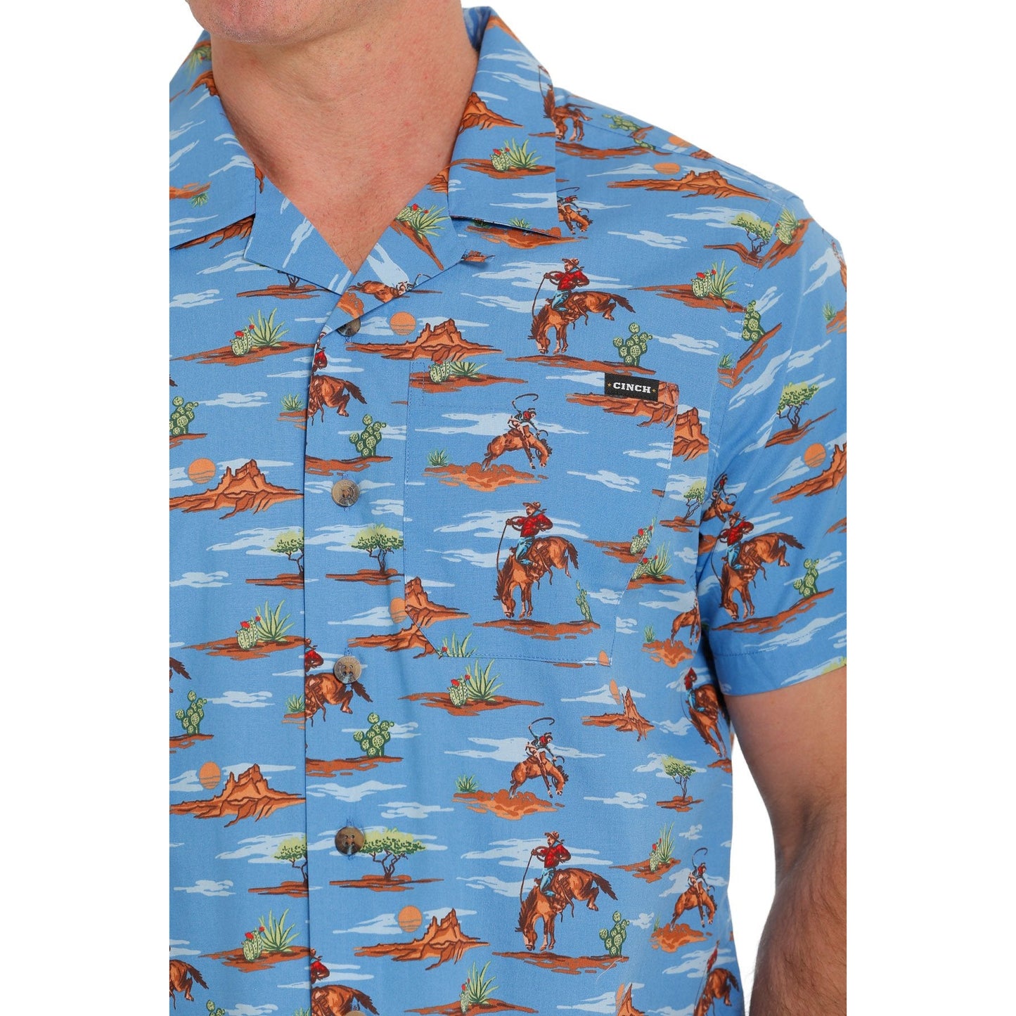 Cinch Men's Cowboy Print Short Sleeve Camp Shirt - Blue