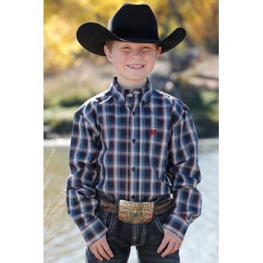 Cinch Boy's Match Dad Plaid Button-Down Western Shirt - Navy