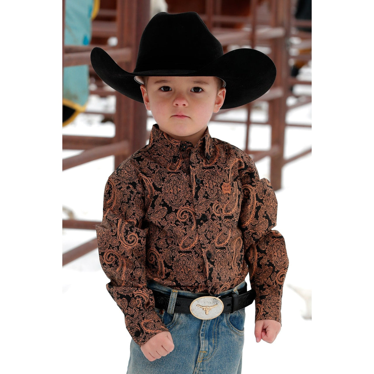Cinch Toddler Boy's Long Sleeve Paisley Print Button-Down Western Shirt - Black/Gold