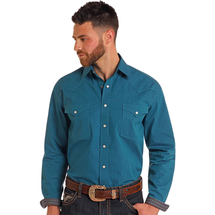 Rock & Roll Men's Long Sleeve Snap Shirt - Teal with Pattern