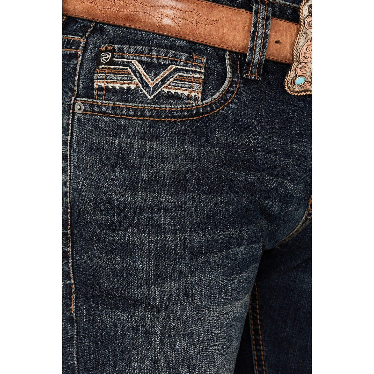 Rock & Roll Men's Regular Fit V Shape Emblem Pistol Straight Let Jeans- Dark Vintage