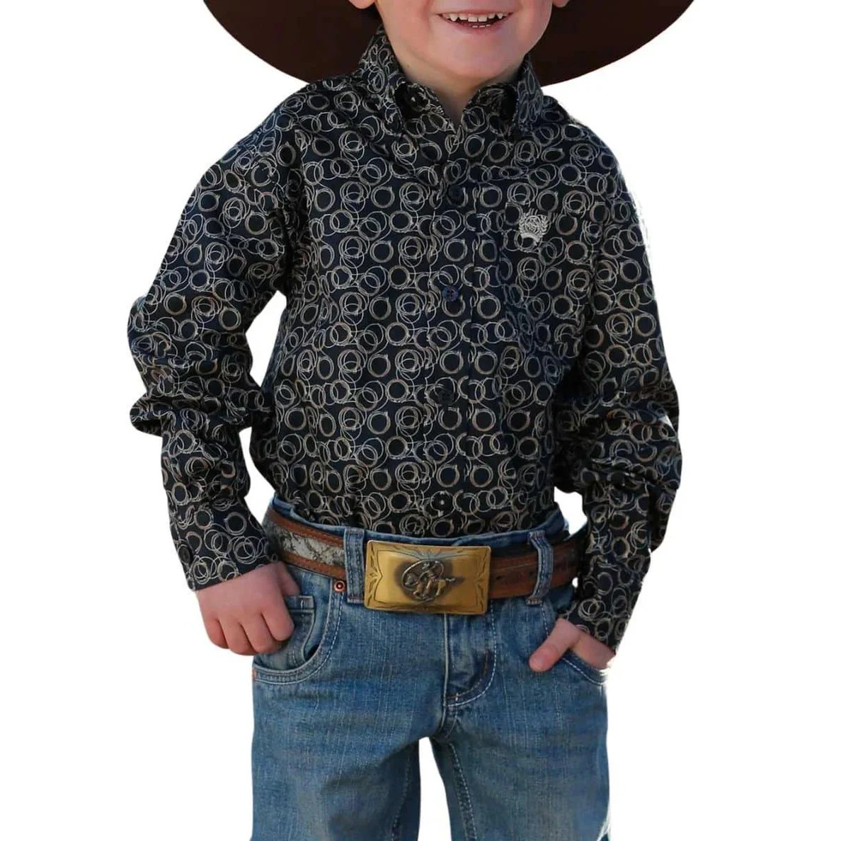 Cinch Boy's Long Sleeve Button-Down Print Shirt - Navy