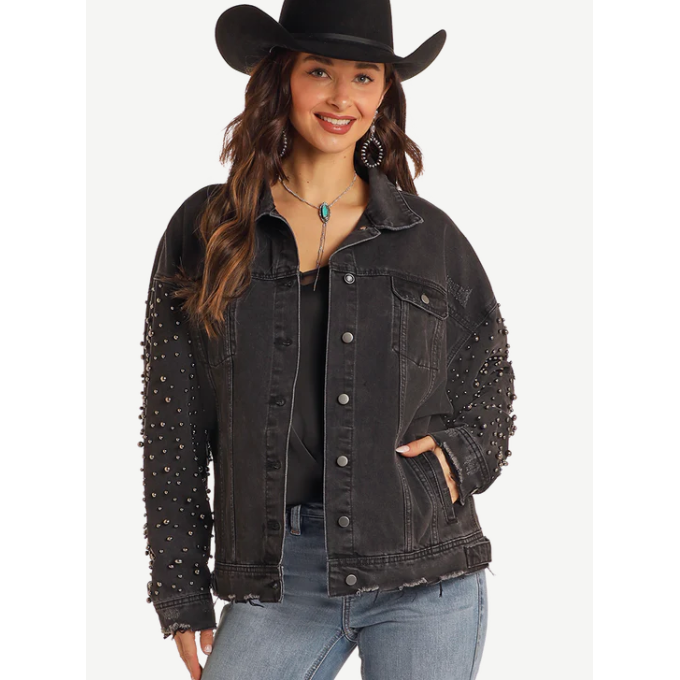 Rock & Roll Women's Long Sleeve Distressed Pearl Sleeve Jacket- Black