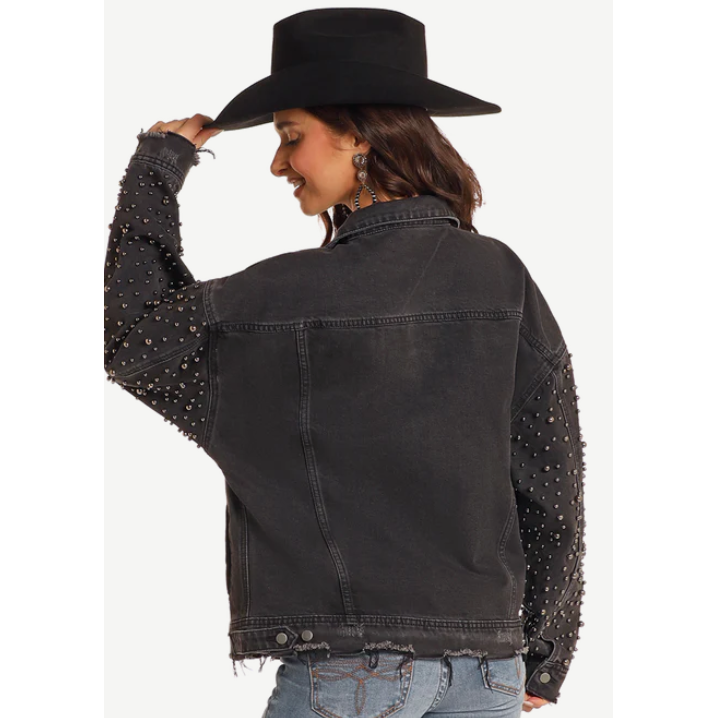 Rock & Roll Women's Long Sleeve Distressed Pearl Sleeve Jacket- Black