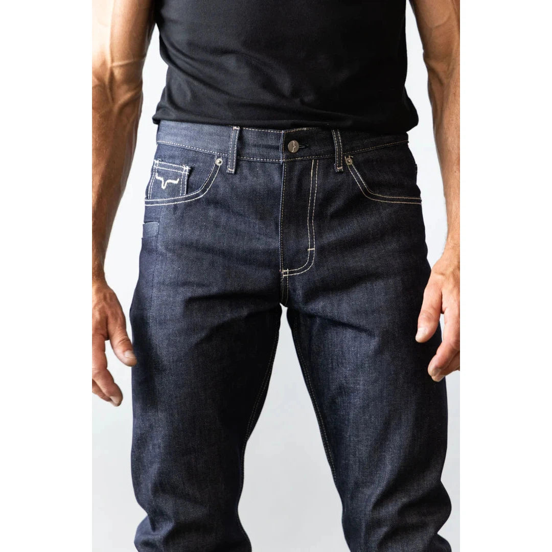 Kimes Men's Raw James Mid Low Rise Straight Bootcut Jeans - Blue