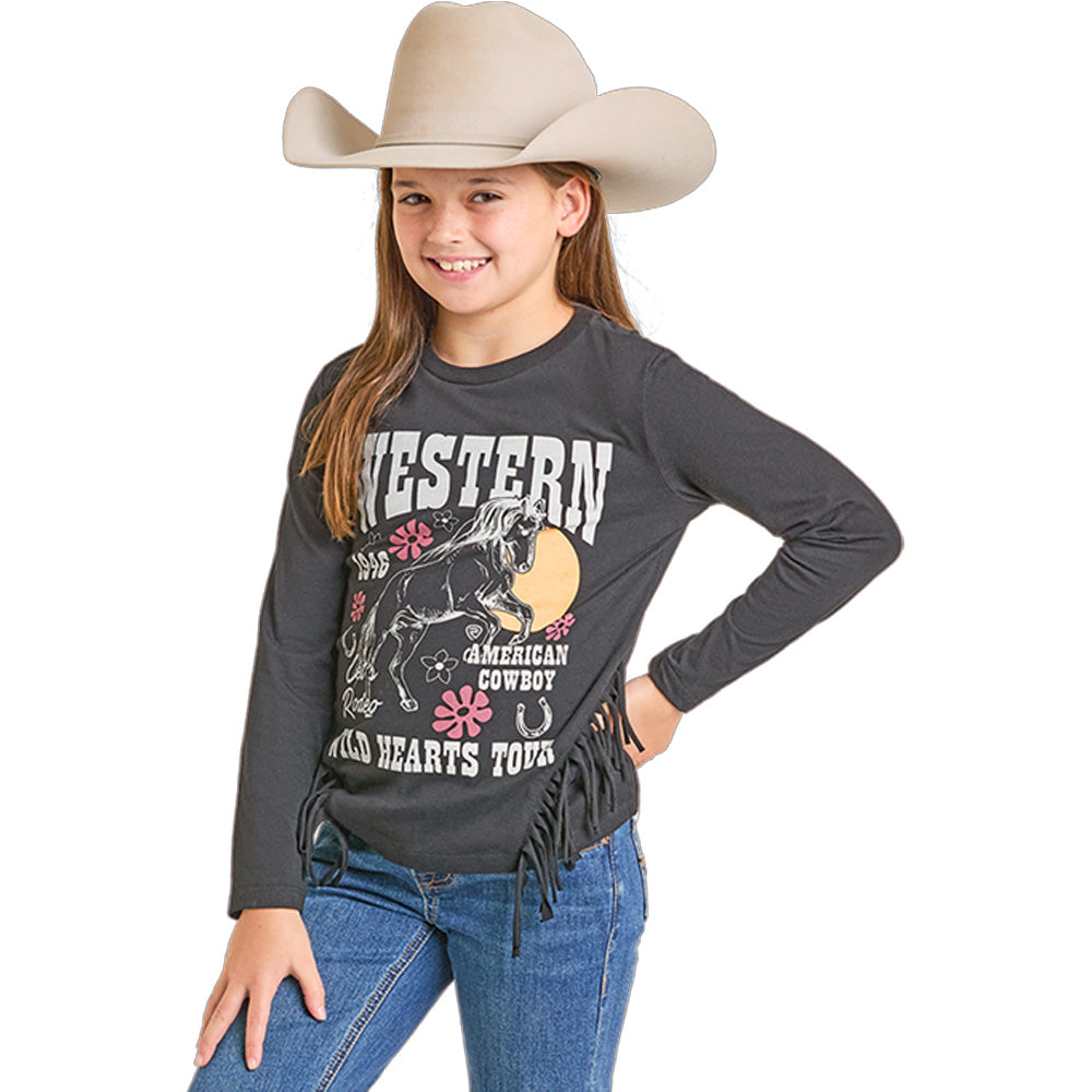 Rock & Roll Girl's Graphic Long Sleeve Tee Shirt with Fringe - Black