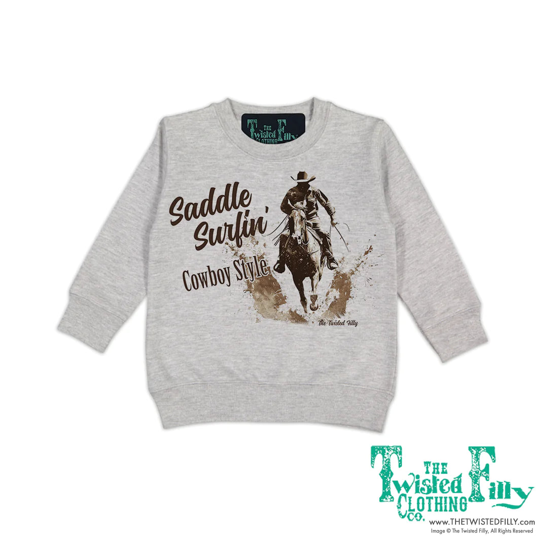 Twisted Filly Toddler Boy's Saddle Surfin' Cowboy Style Sweatshirt - Heather Grey