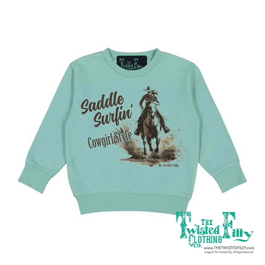 Twisted Filly Toddler Girl's Saddle Surfin' Cowgirl Style Sweatshirt - Turquoise