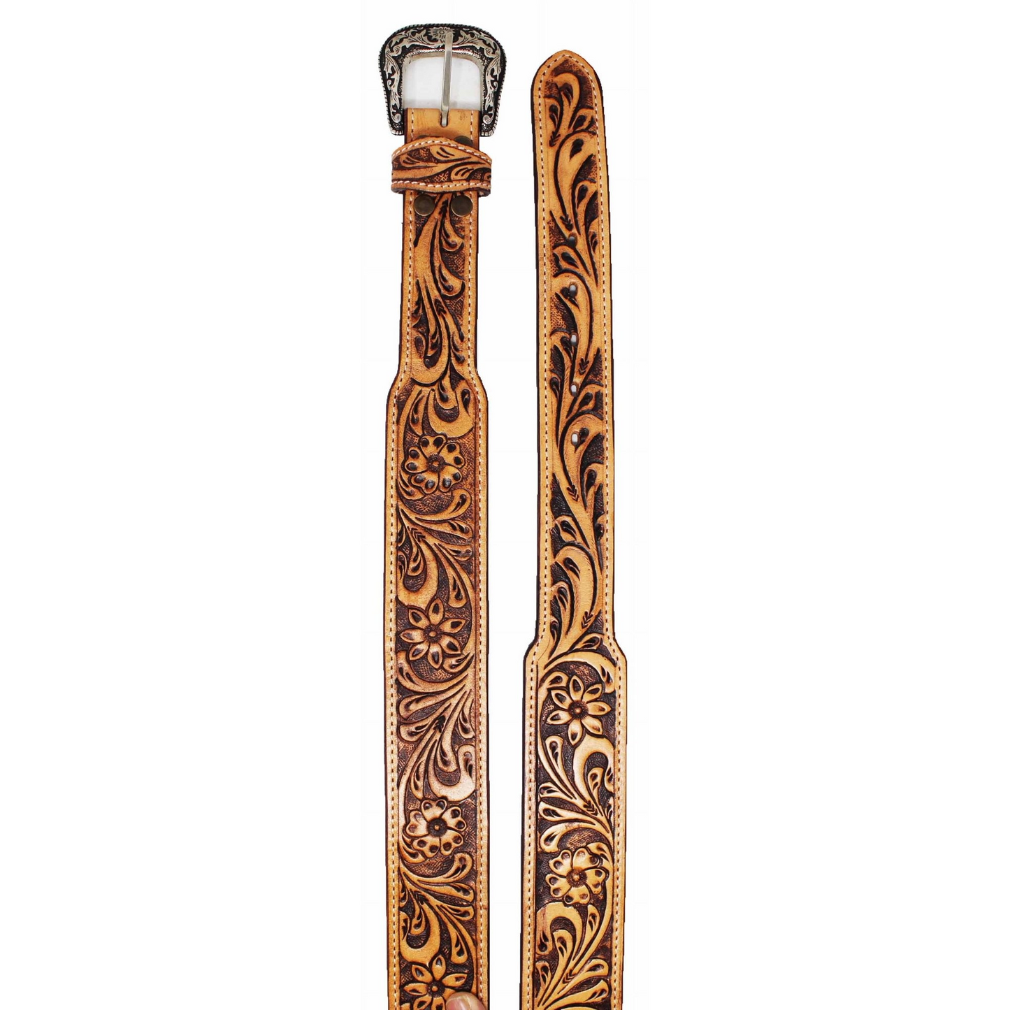 Unisex 2" Western Basket Weave Tooled Full-Grain Leather Belt