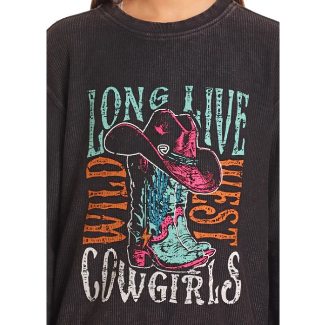 Rock & Roll Girl's Graphic Long Live Cowgirls Long Sleeve Pullover - Black