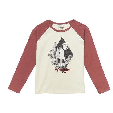 Wrangler Girl's Long Sleeve Baseball T-Shirt - White/ Burgundy