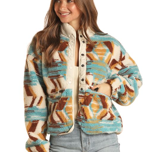 Rock & Roll Women's Abstract Print Sherpa Jacket - Natural
