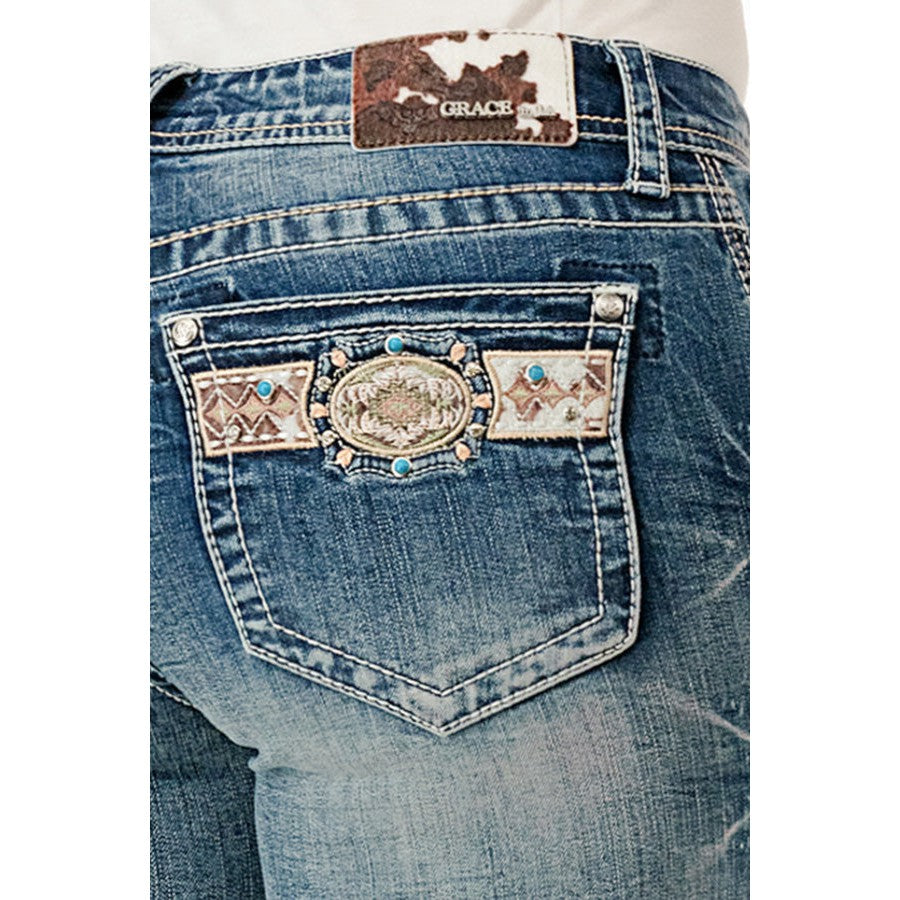 Grace in LA Women's Embroidered Aztec Cowhide Easy Bootcut Jeans - Medium Blue