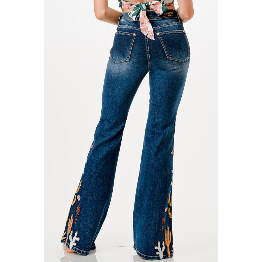 Grace in LA Women's Embroidered Cactus Side High Rise Flare Jeans - Medium Blue