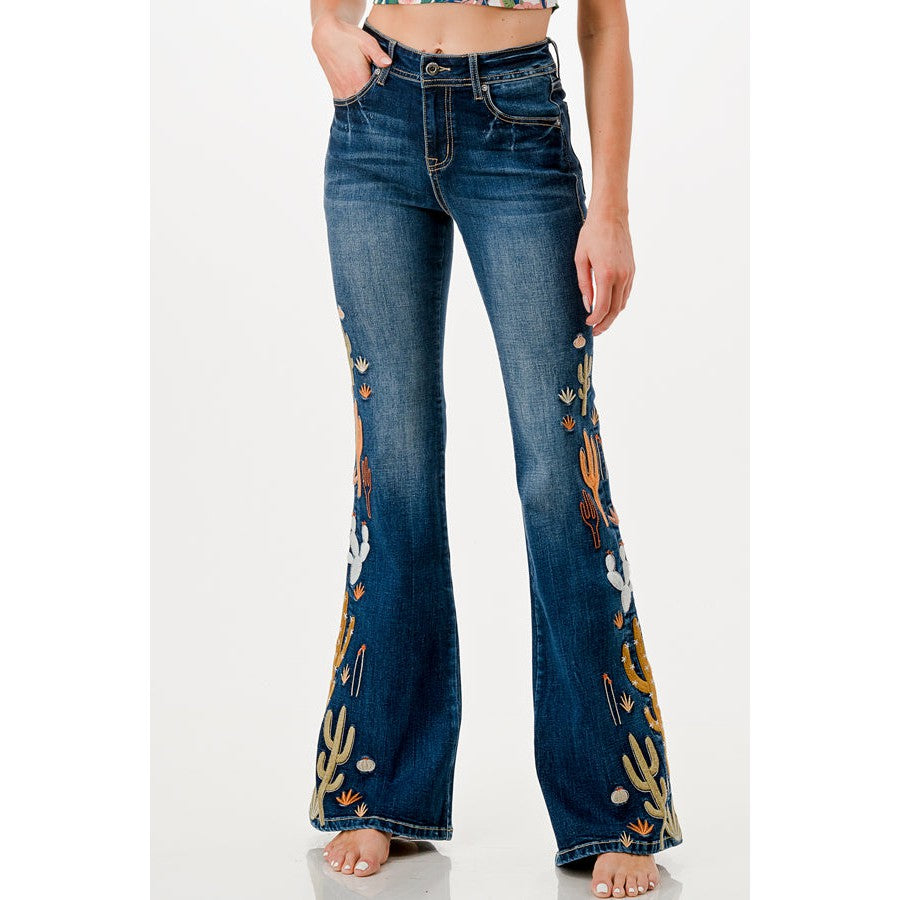 Grace in LA Women's Embroidered Cactus Side High Rise Flare Jeans - Medium Blue