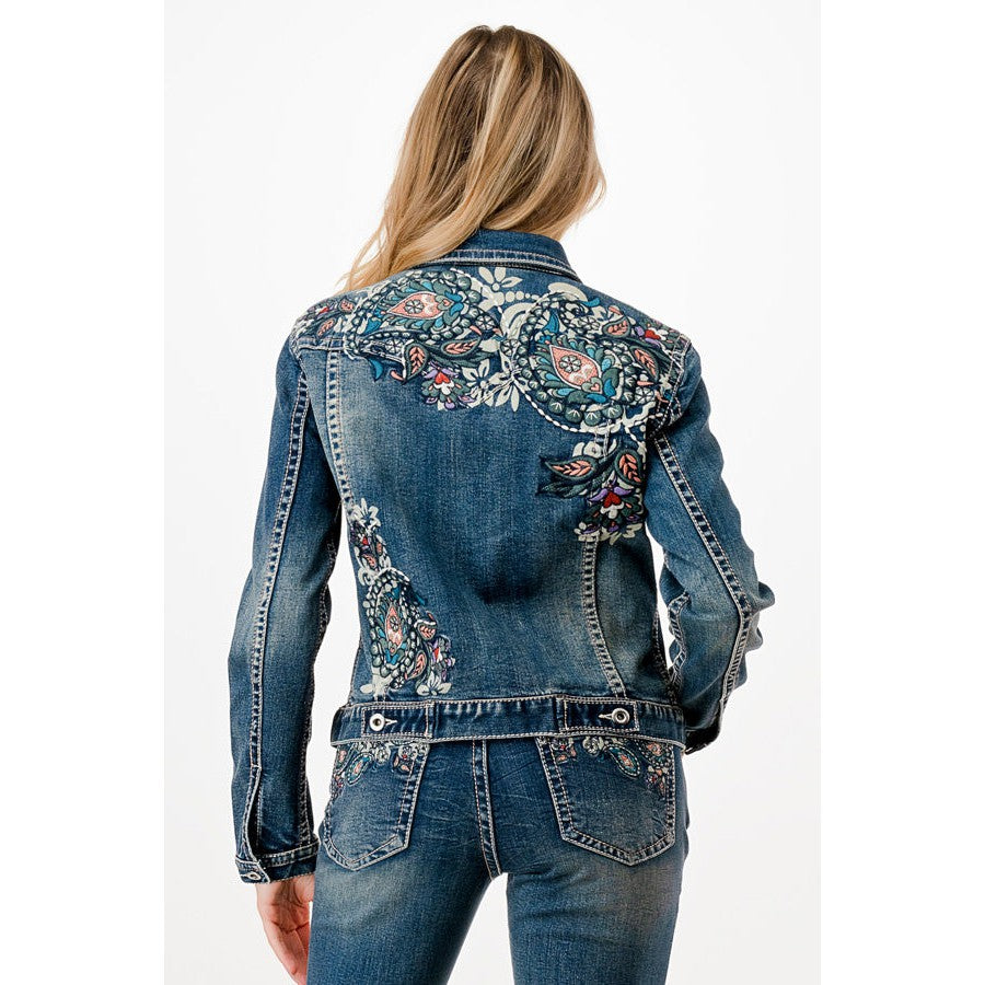 Grace in LA Women's Floral Embroidered Jean Jacket - Medium Blue