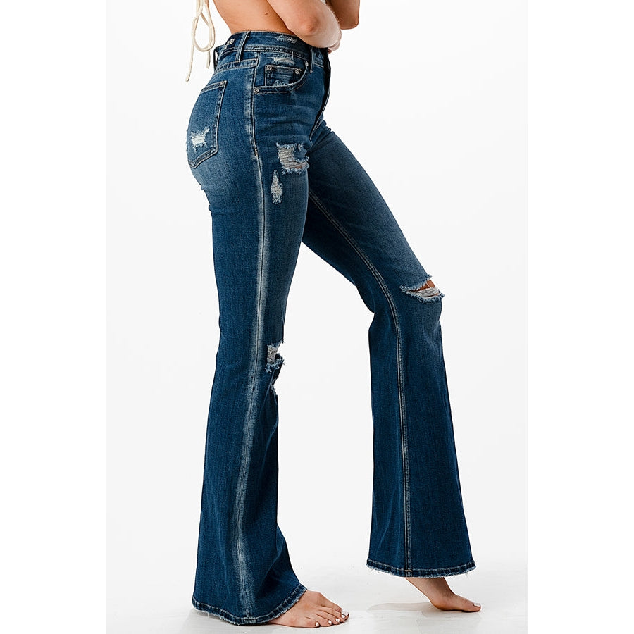 Grace in LA Women's High Rise Flare Jeans - Basic Distressed