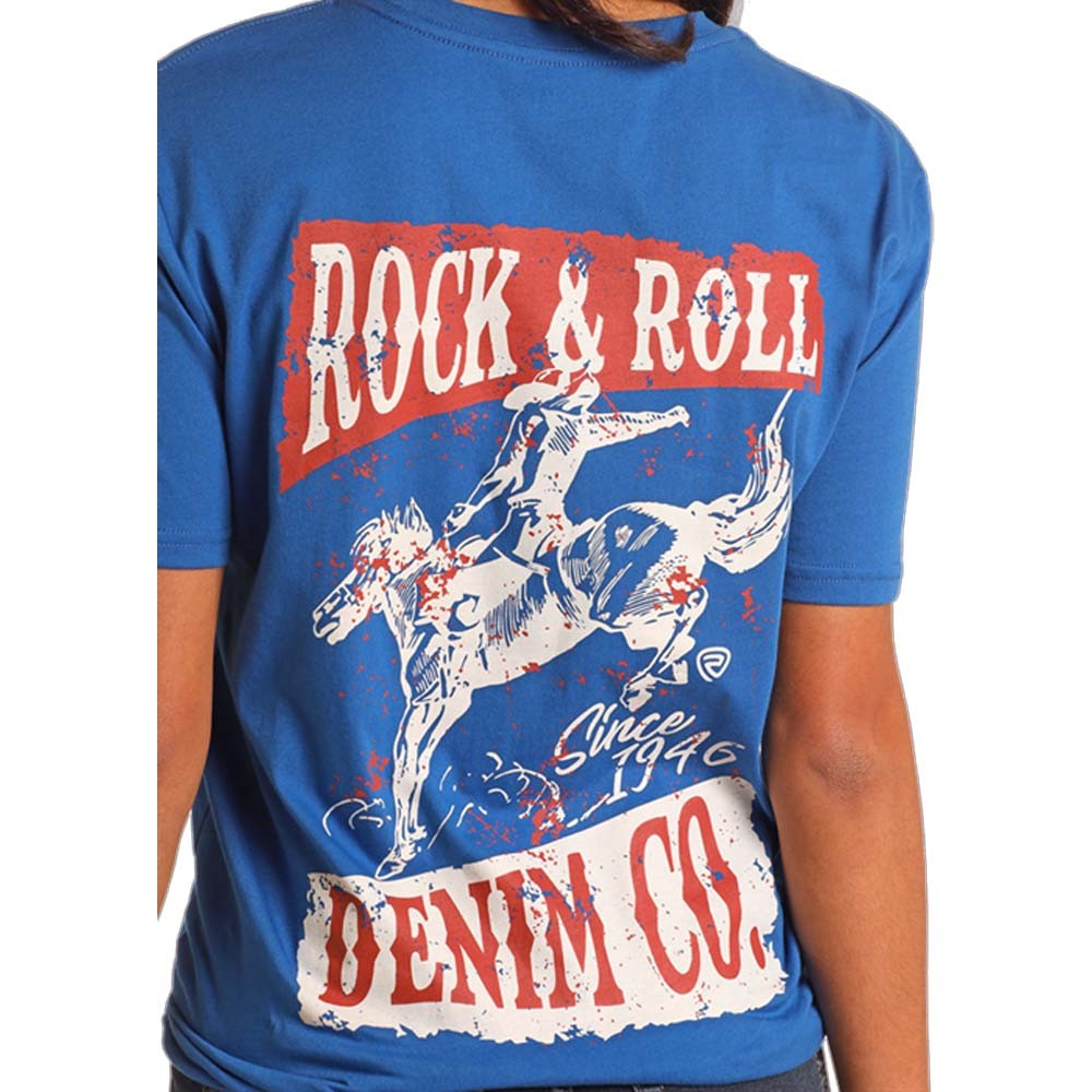 Rock & Roll Unisex Bucking Bronc Graphic Short Sleeve Tee Shirt-Blue