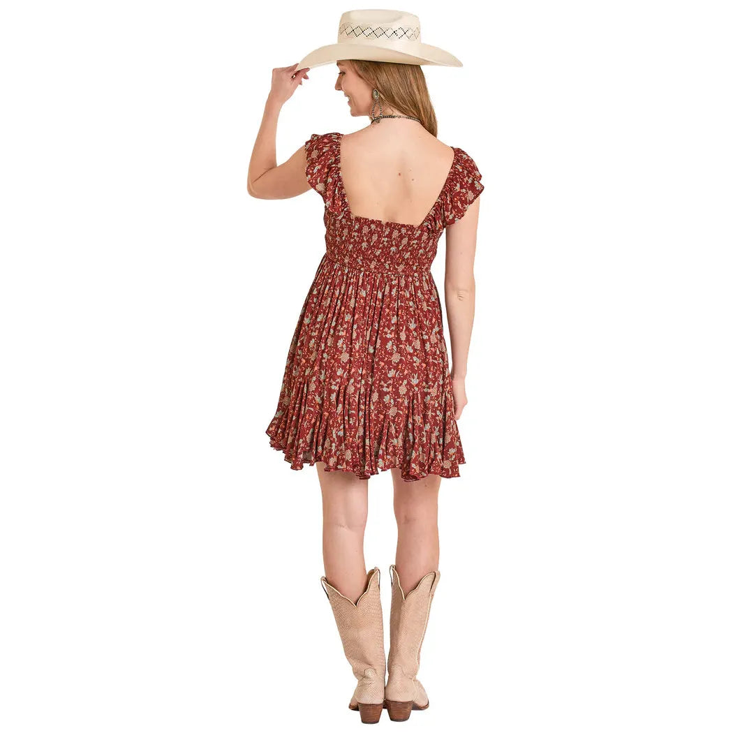 Rock & Roll Women's Godet Floral Mini Dress - Wine