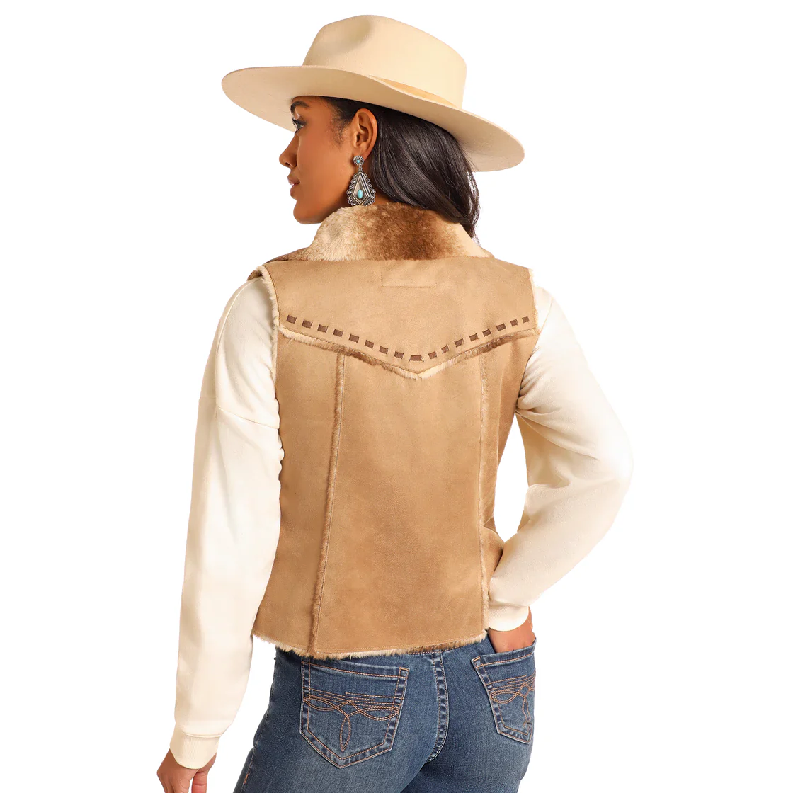 Powder River Women's Micro Suede Faux Fur Vest- Camel