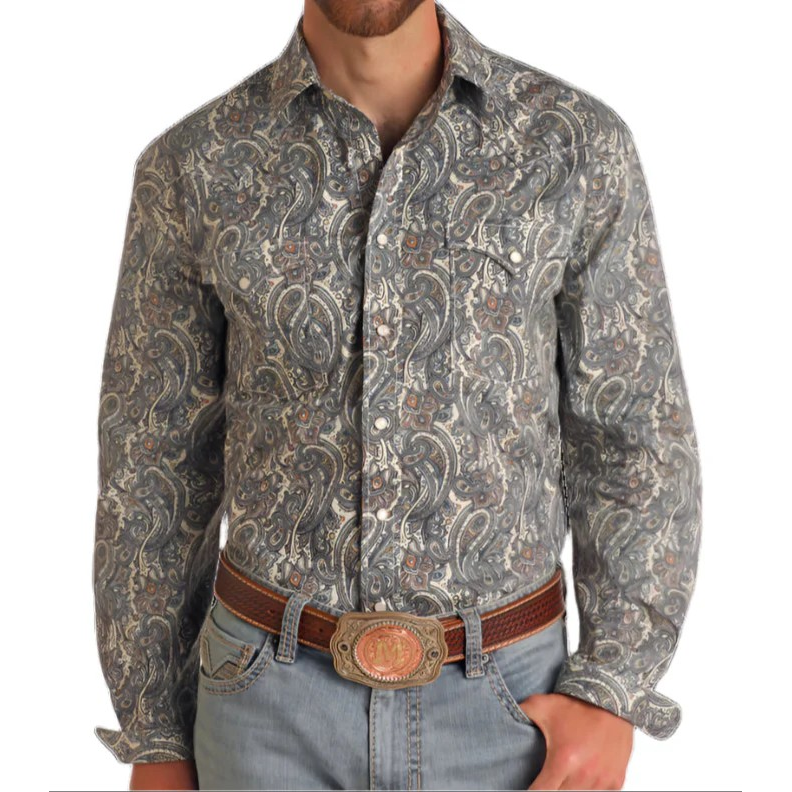 Panhandle Men's Long Sleeve Paisley Slim Shirt- Tan