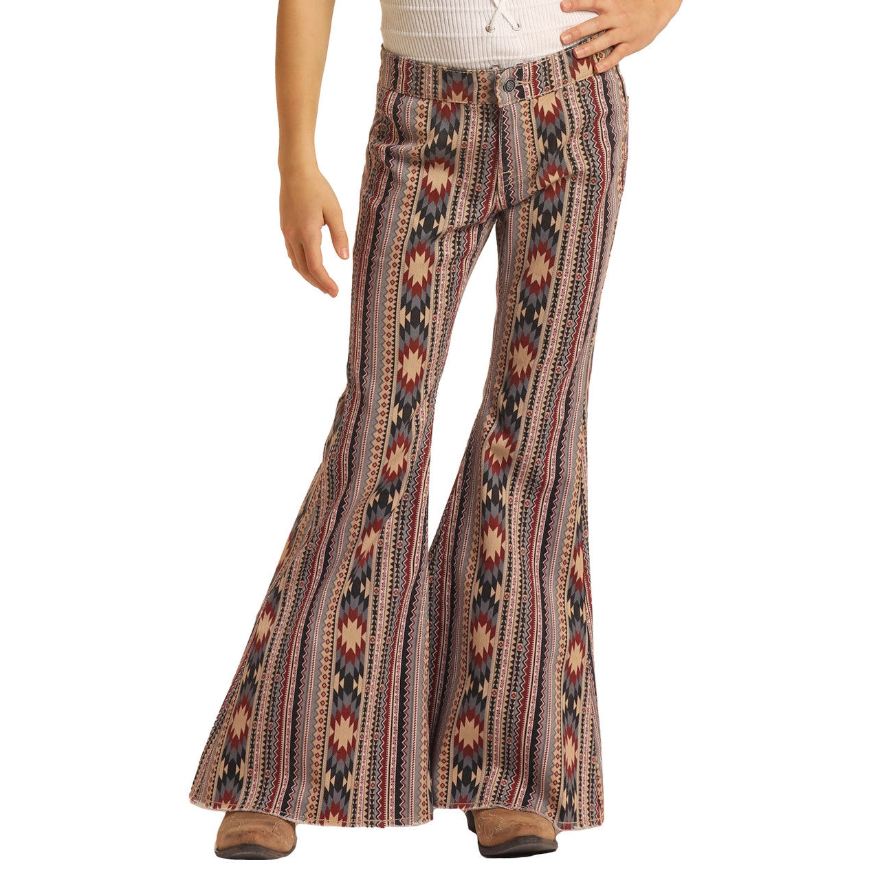 Rock Roll Girls Tan Aztec Bell Bottom Jeans