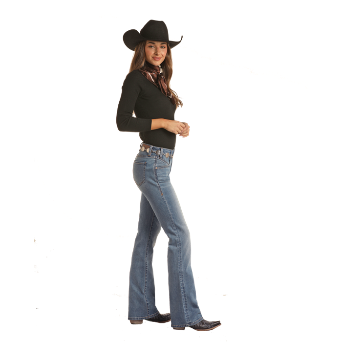 Rock & Roll Women's Front Pocket Detail Mid Rise Bootcut Jean