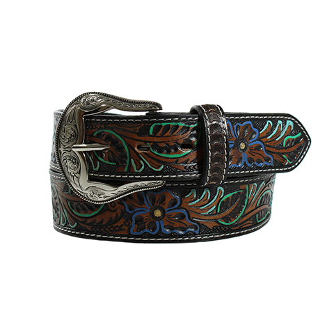 Nocona Ladies Floral Tooled Belt - Brown w/Teal/Royal Brown/Turquoise Accents