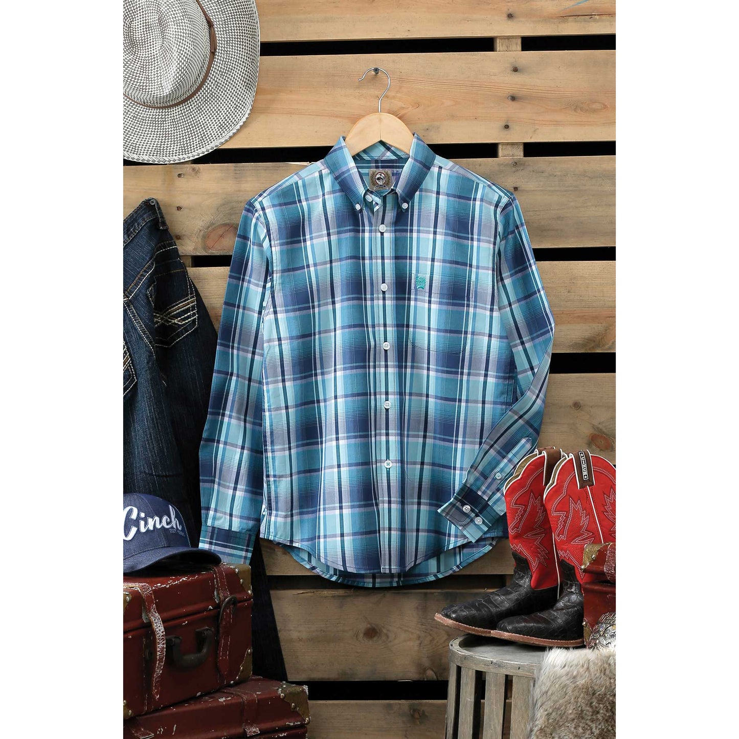 Cinch Boys LS Plaid Shirt - Navy