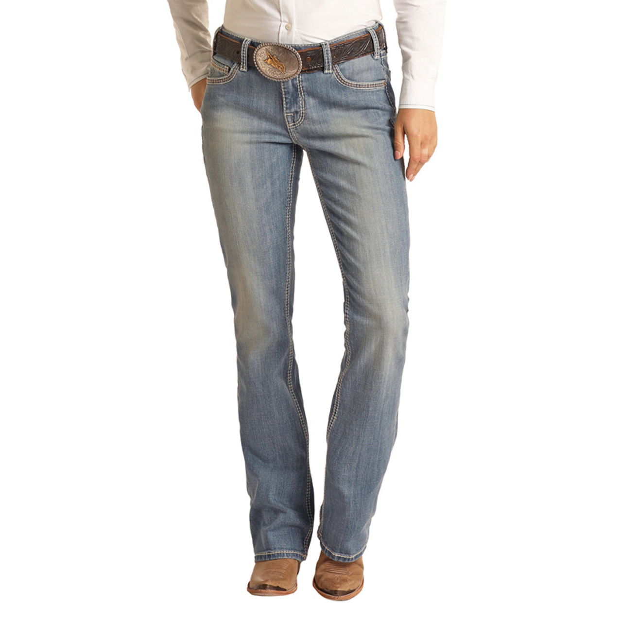 Rock & Roll Womens Mid Rise Stitch Bootcut Riding Jeans - Medium Vintage