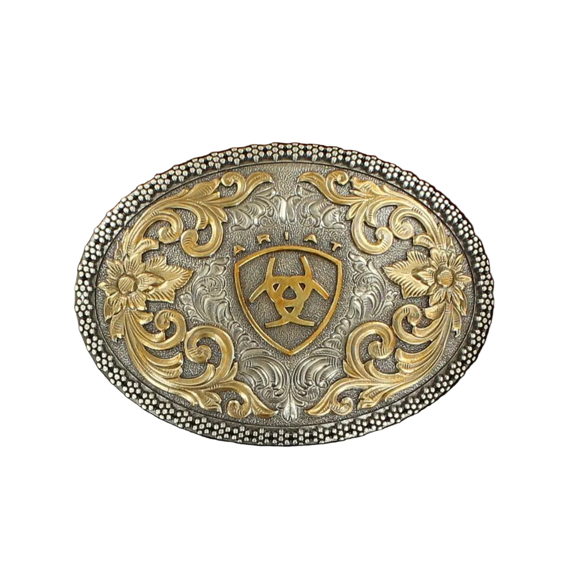 Ariat Oval Floral Scrolled Logo Buckle - Antique Silver/Gold - Irvine Tack & Western Wear