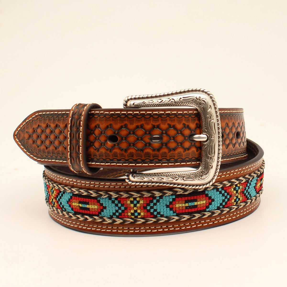 Nocona Men's Embossed Ribbon Inlay Belt - Brown/Blue/Red