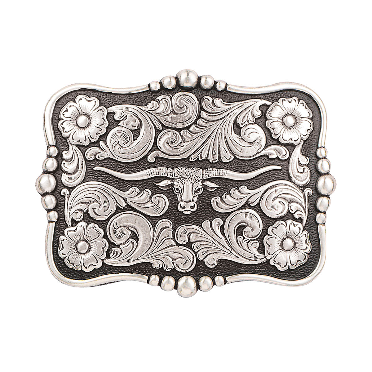 M&F Nocona Men's Rectangle Longhorn Buckle - Floral Corners w/Longhorn Head
