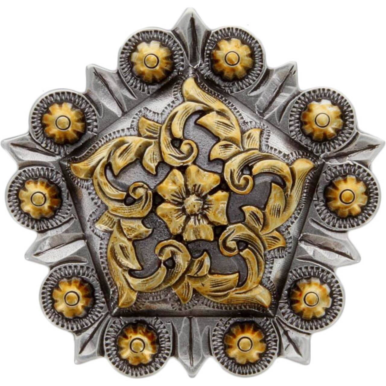 1" Antique Silver and Gold Floral Pentagon Concho