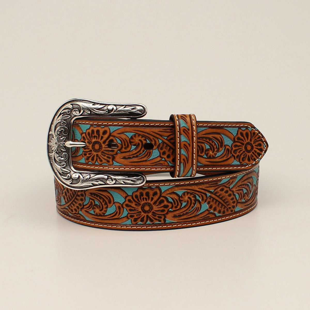 Ariat Ladies Floral Inlay Belt - Tan/Turquoise