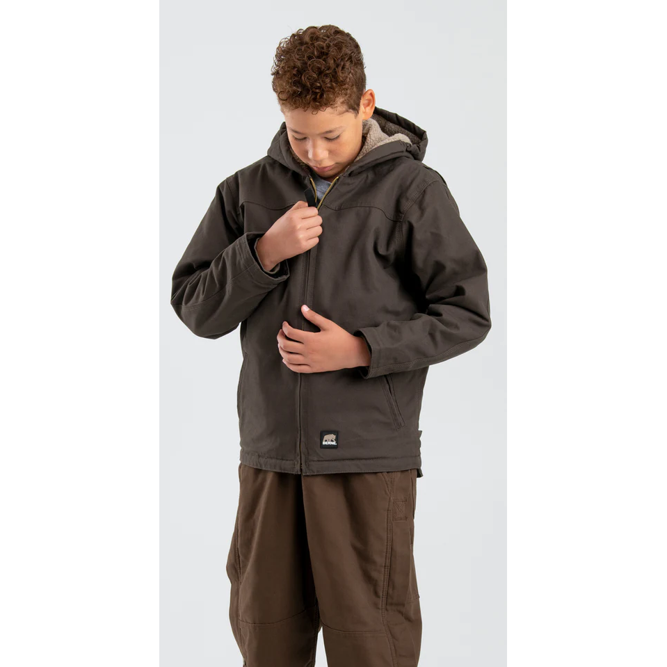 Berne Youth Sherpa Lined Softstone Duck Hooded Jacket - Bark