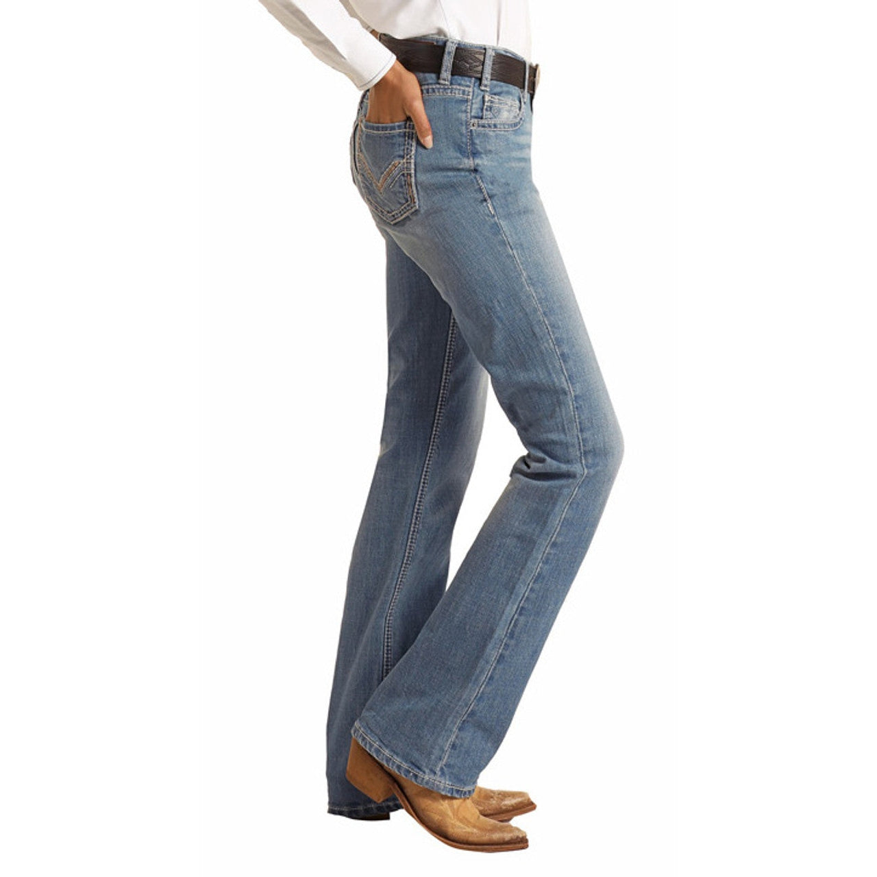 **Rock & Roll Mid Rise Stretch Light Wash Bootcut Riding Jeans