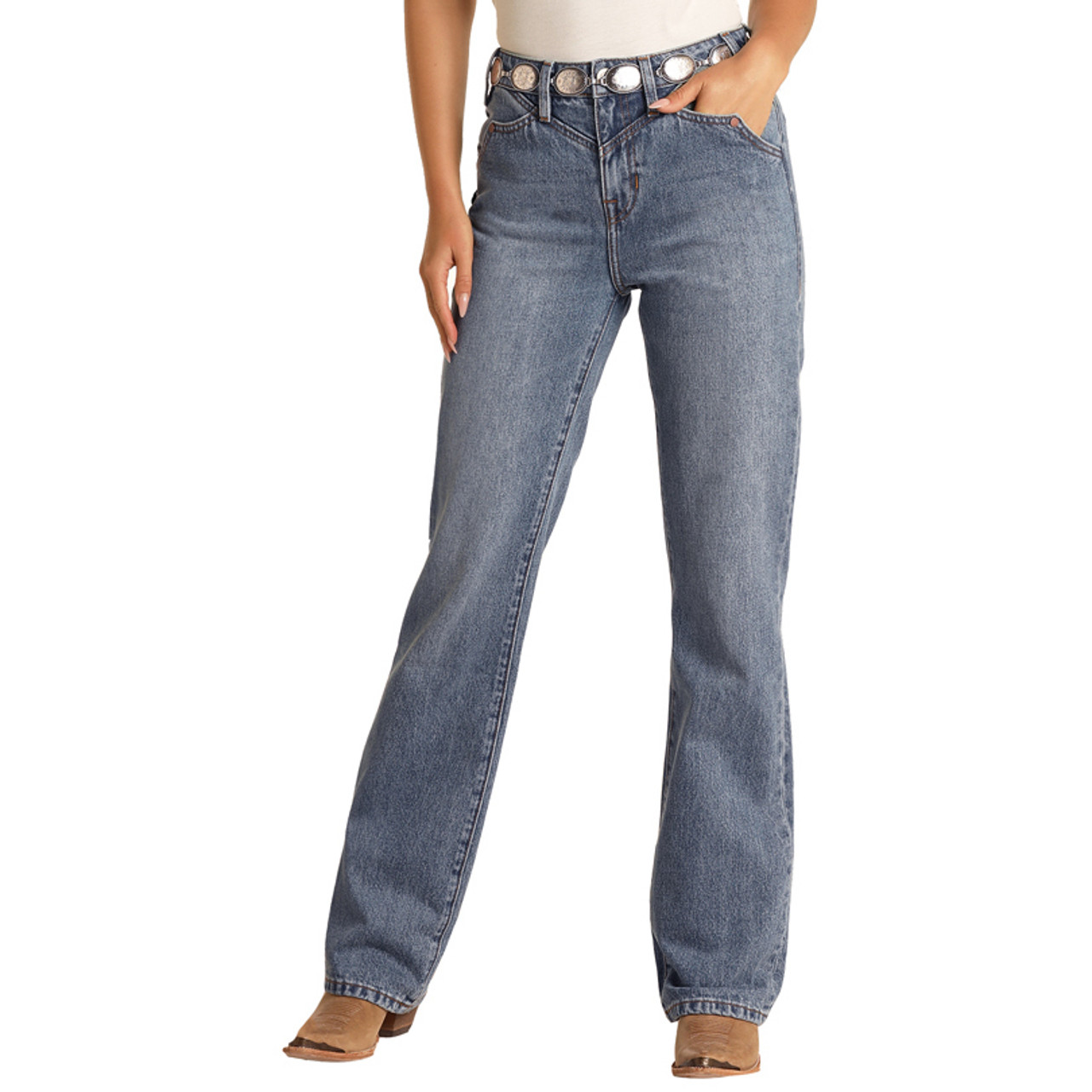 Rock Roll Womens High Rise Non Stretch Bootcut Jeans Medium Wash