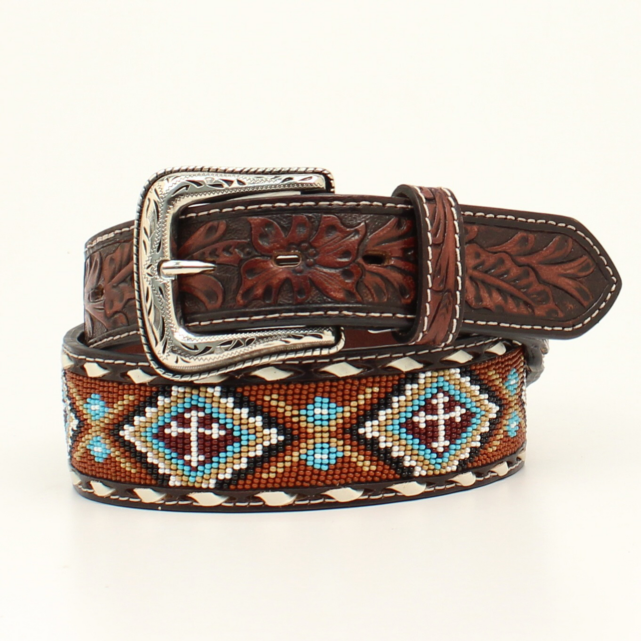 Nocona Men's Floral Tooled Beaded Bulk Lacing Belt - Rust w/Mulit Coloured Beads