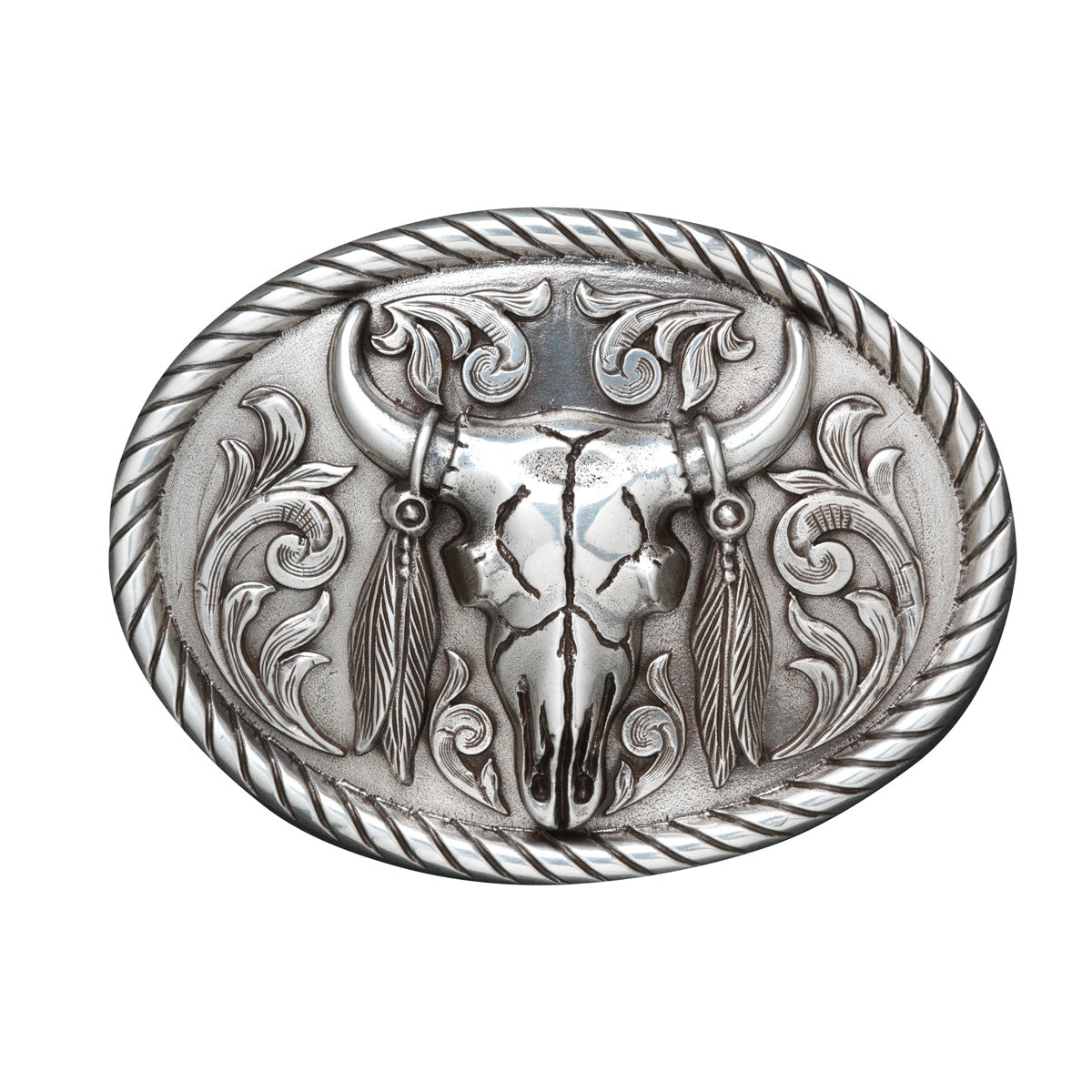 Nocona Men's Oval Longhorn Skull w/Feathers Buckle- Antique silver