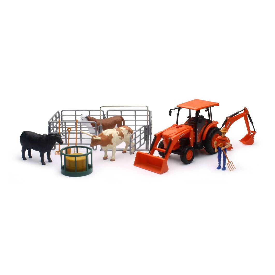 New-Ray Toys Kubota Farm Tractor w/Ranch Cow Set