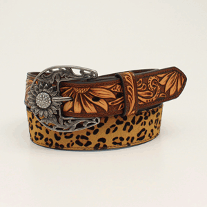 Angel Ranch Women's Leopard Sunflower Tooled Belt - Brown