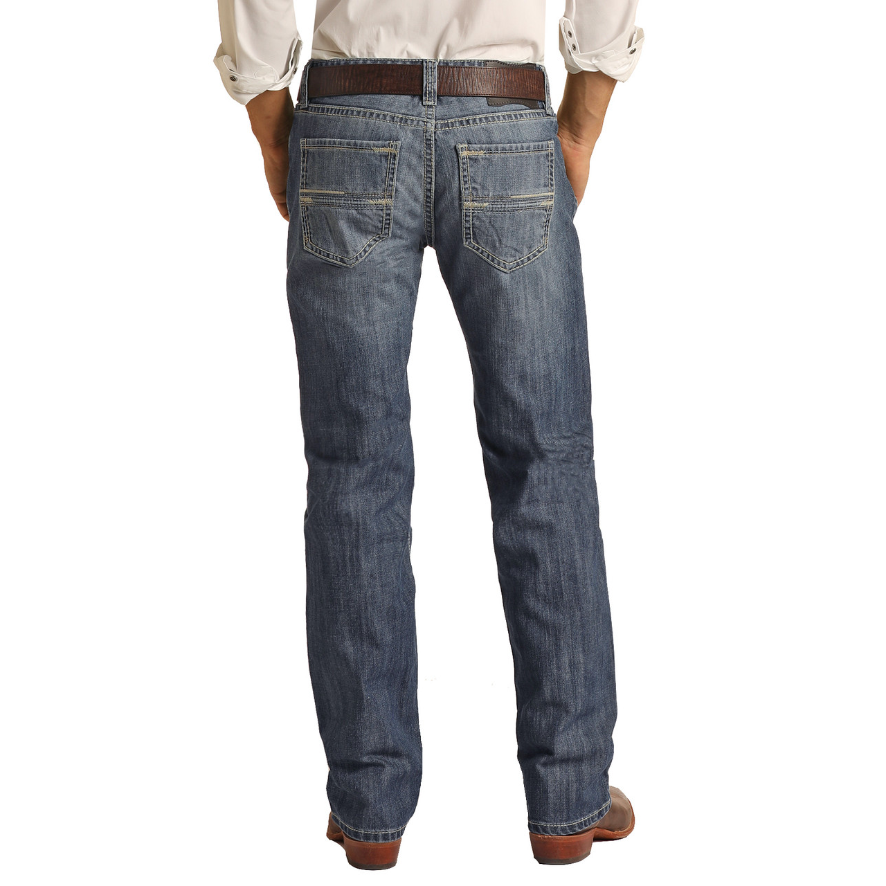 Rock & Roll Mens Regular Fit Straight Raised Denim Pocket Bootcut Jeans - Medium Wash