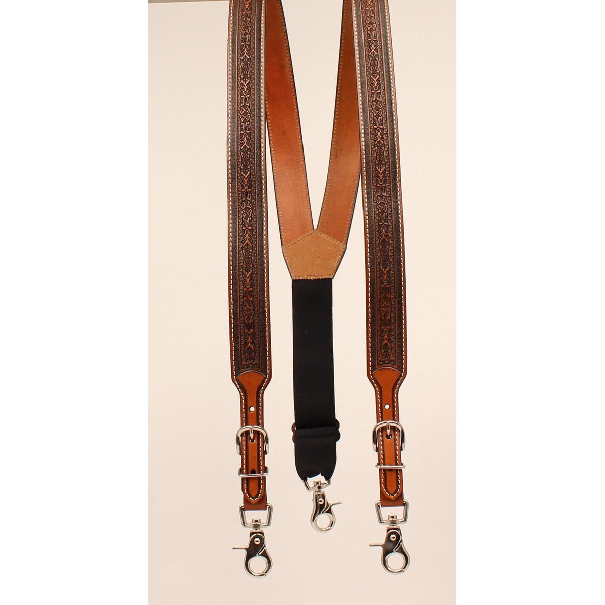 Nocona Men's Tooled Leather Suspenders - Brown w/White Stitch