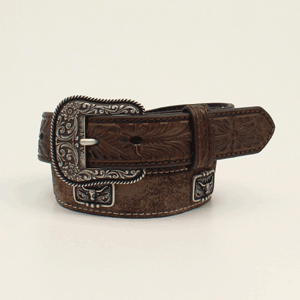 Ariat Boy's Leather Floral Tooling Longhorn Concho Belt - Brown