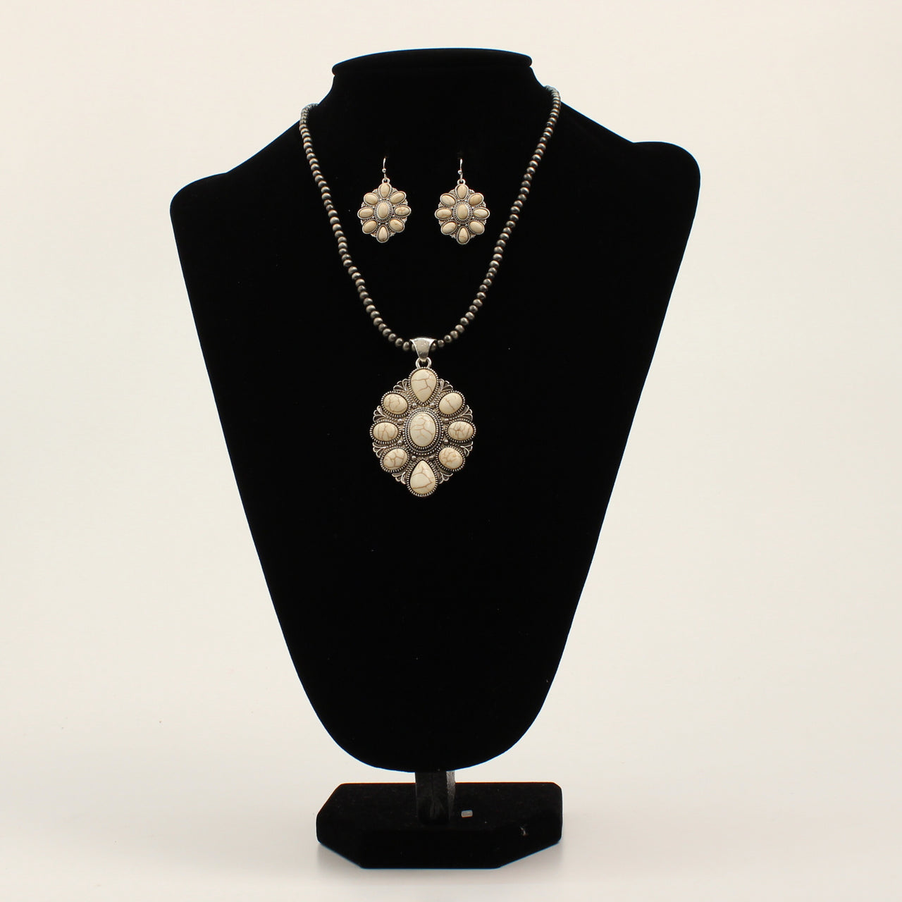 Blazin Roxx Beaded Squash Blossom Necklace & Earring Set - White