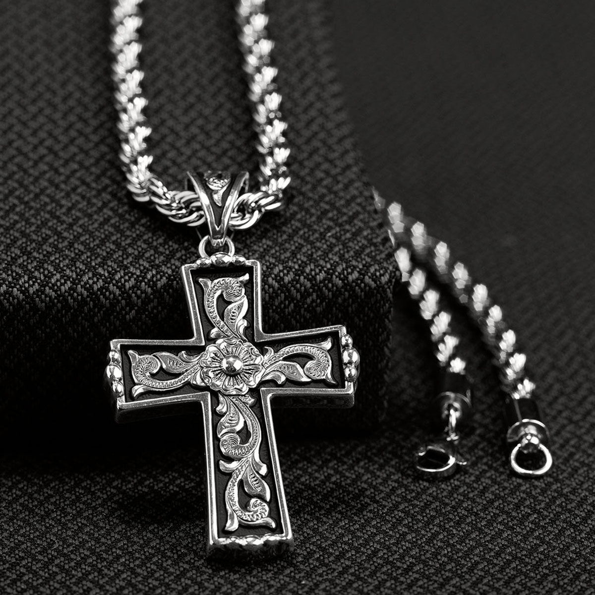 Twister Men's Scroll Cross Necklace - Silver w/Black Inlay